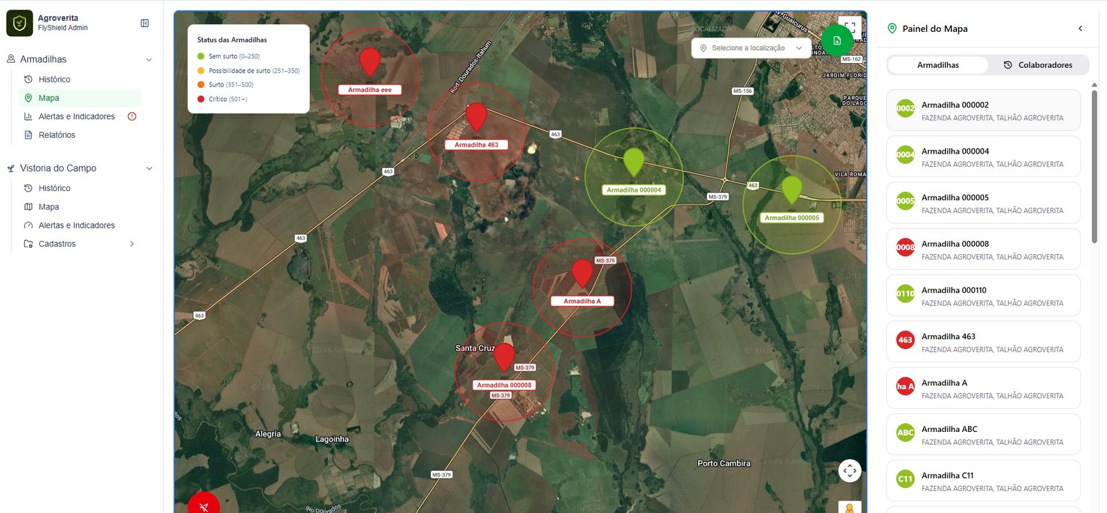 Tela do FlyShield com mapa de satélite e armadilhas marcadas por cor conforme a severidade